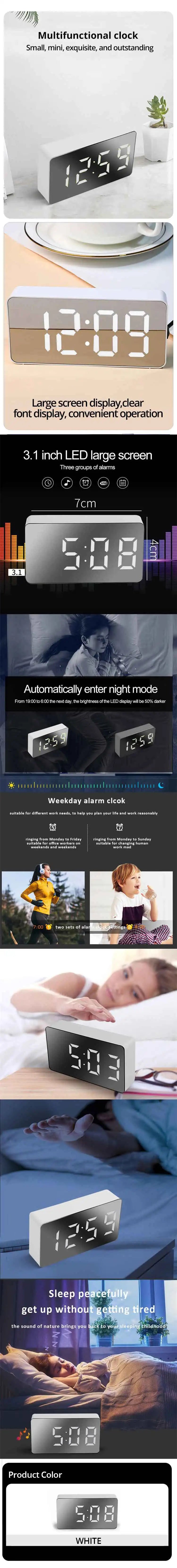 1Pc White LED Mirror Table Clock Snooze Display Time Night Light Desktop USB Alarm Clock Home Decor
