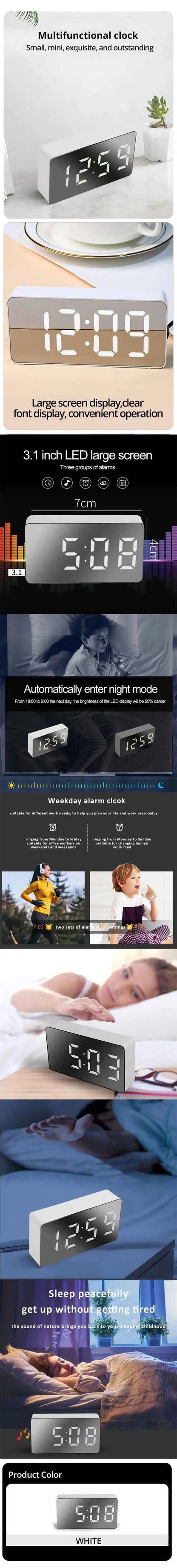 1Pc White LED Mirror Table Clock Snooze Display Time Night Light Desktop USB Alarm Clock Home Decor