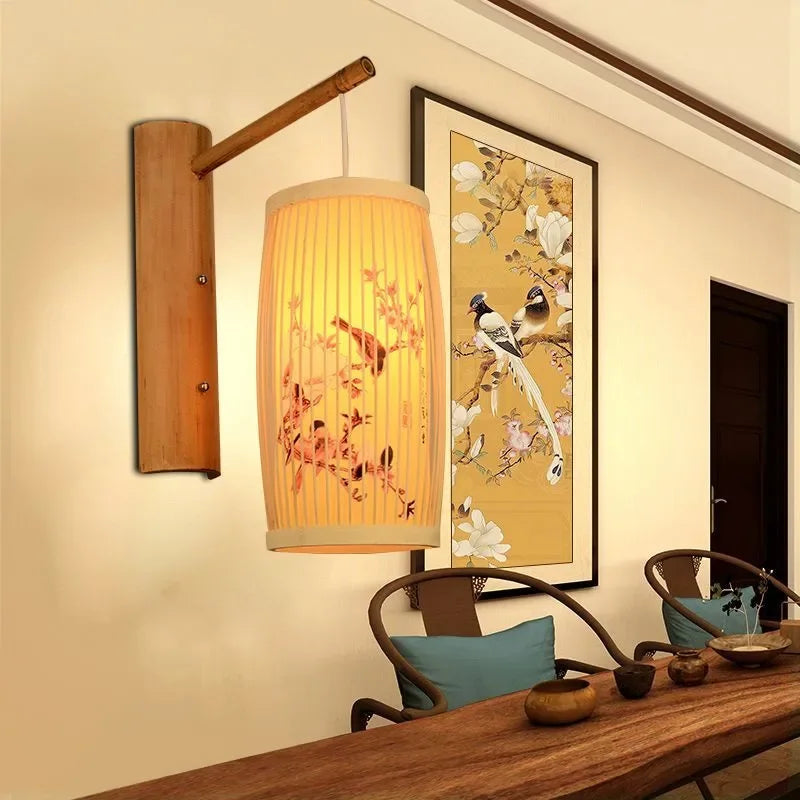 SAMAN Modern Bamboo Art Wall Lamp Bamboo Weaving Creative Living Room Restaurant Bedroom StudyTea Homestay LED Retro Wall Light