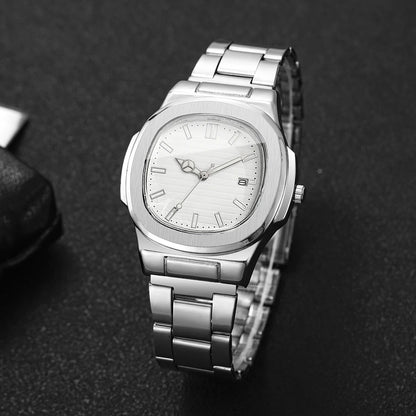 Men Fashion Wristwatches Business Square Dial Stainless Steel Strap Quartz Watch with Calendar For Mens Clock（Without Box）