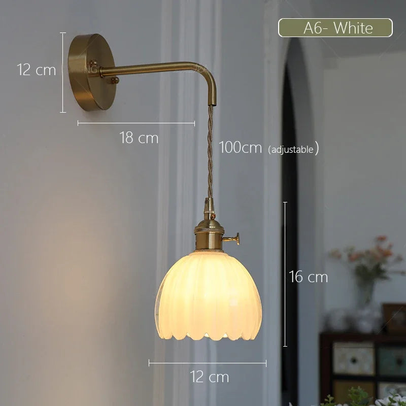 Modern Japanese Retro Floral Glass Wall Lamp Modern Simple Bedside Lamp For Bedroom Study Led Mirror Light Nordic Wall Sconce