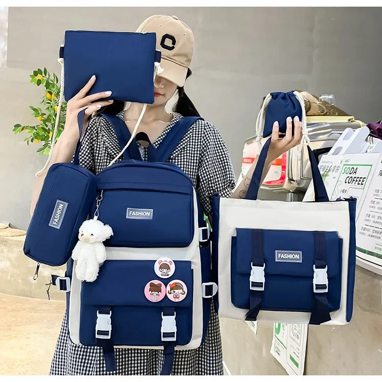 Five-Piece Set Large Capacity Fashionable Double Shoulder Backpack for Junior And High School Girls Primary School Students