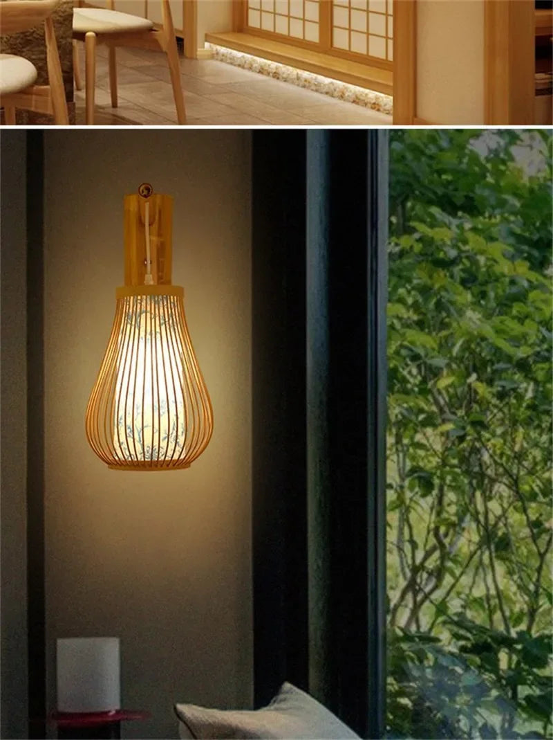 SAMAN Modern Bamboo Art Wall Lamp Bamboo Weaving Creative Living Room Restaurant Bedroom StudyTea Homestay LED Retro Wall Light