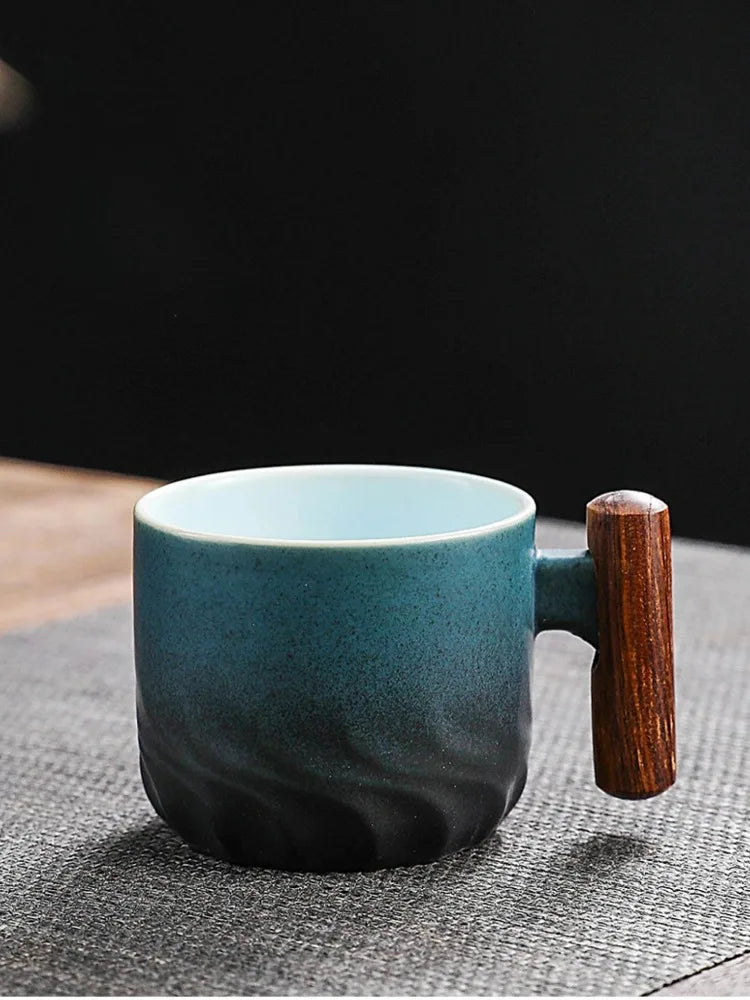 Handmade Ceramic Coffee Mug with Wooden Handle - Retro Tea Cup, Office Water Cup Filter Design, Unique Birthday Gift