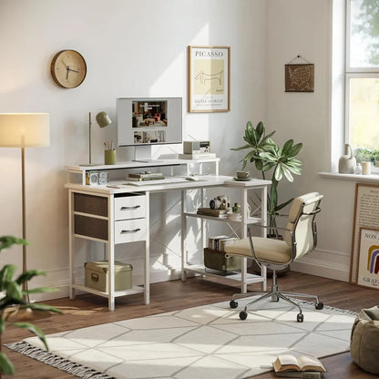 L Shaped Computer Desk with Monitor Stand & Shelves, 47 Inch Corner Home Office Desk Writing Table with Storage Drawer, White