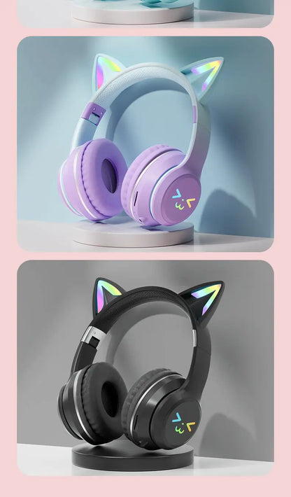 Wireless Headphones RGB Cute Cat Girls Kids Gift Headset with Microphone Stereo Music Gaming Earbud Control Lights Earphone