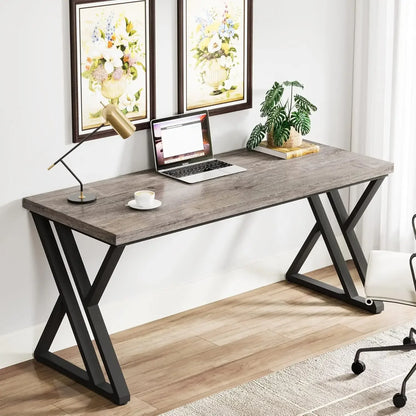Writing Computer Desk, 55 inch Heavy Duty Study Desk with Z-Shaped Metal Leg, Grey
