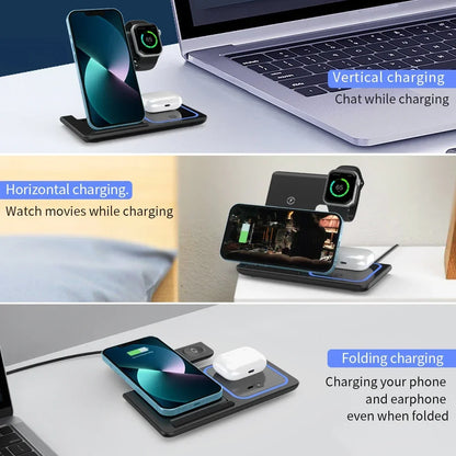 Foldable Phone Wireless Charger Station For iPhone 16 15 14 13 12 Pro Max Apple Watch 10/9/8/7/6 AirPods 3/2 Fast Charging Dock