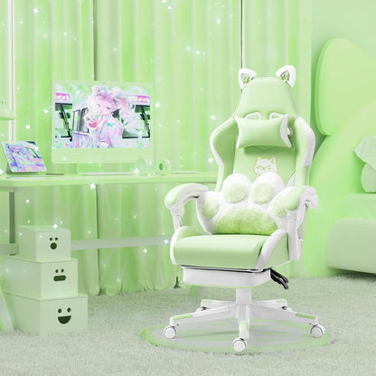 Cute Gaming Chair with Lumbar Cushion and Decorated Ears, Ergonomic Computer Chair with Footrest, Reclining PC Game Chair