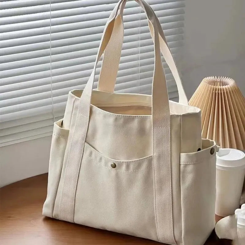 Canvas Women's Shoulder Bag Large Capacity Multiple Outer Pocket Zipper Tote Bag Student Handbag Shopping