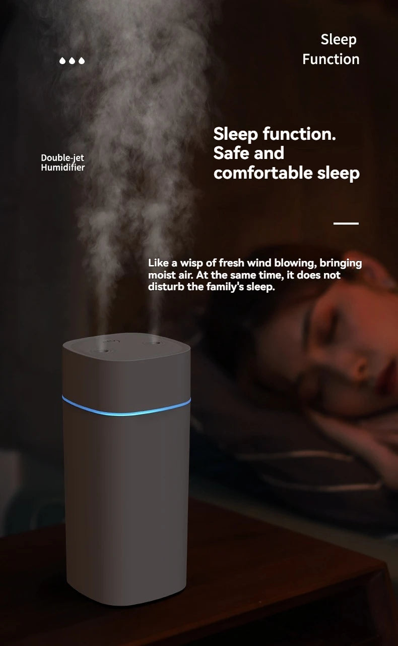 Dual-Nozzle USB Humidifier | 800ml/H Super Mist & Ultra Quiet | Car/Home Moisturizing Device