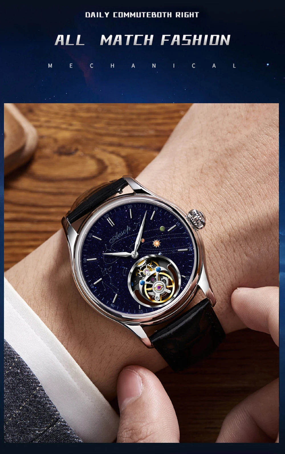 AESOP Mens Luxury Real Flying Tourbillon Mechanical Sapphire Waterproof Watch Skeleton Watches for Men Wristwatches Male 2025 A
