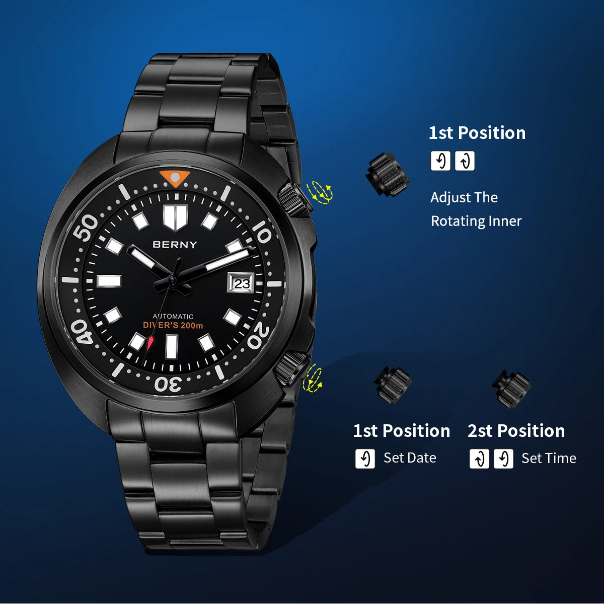 BERNY 20ATM Diver Watch For Men Mechanical Black Dial Original Design Top Automatic Sapphire Luxury Diving Luminous Men Watch