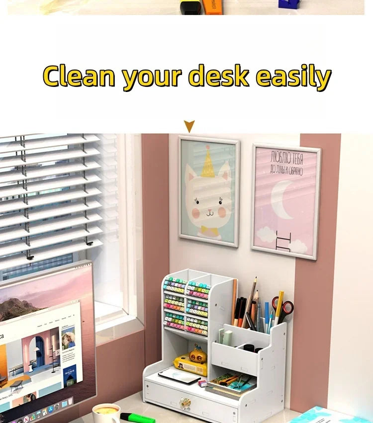 Wooden Desk Organiser DIY Desktop Tidy Pen Holder Large Capacity Stationery Storage Box with Drawer for Home Office and School