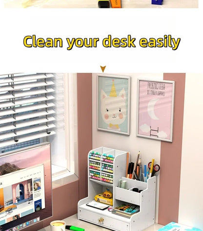Wooden Desk Organiser DIY Desktop Tidy Pen Holder Large Capacity Stationery Storage Box with Drawer for Home Office and School