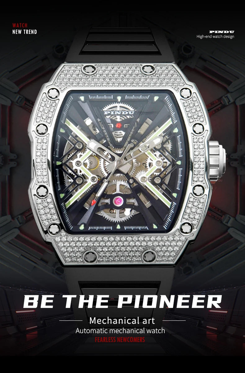 PINDU New Men Watch 50 Meter Waterproof Stainless Steel Case Luminous Sapphire mirror Dial Fashionable Men Mechanical Watch