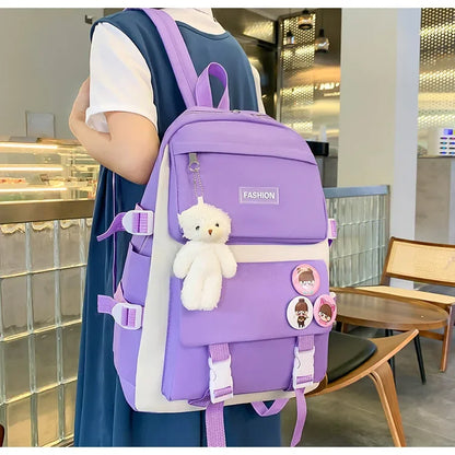 Five-Piece Set Large Capacity Fashionable Double Shoulder Backpack for Junior And High School Girls Primary School Students