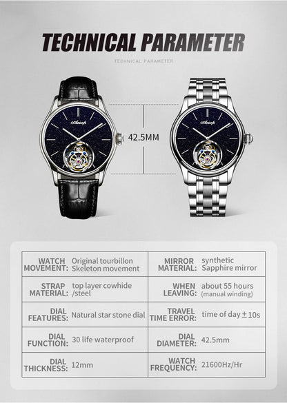 AESOP Mens Luxury Real Flying Tourbillon Mechanical Sapphire Waterproof Watch Skeleton Watches for Men Wristwatches Male 2025 A