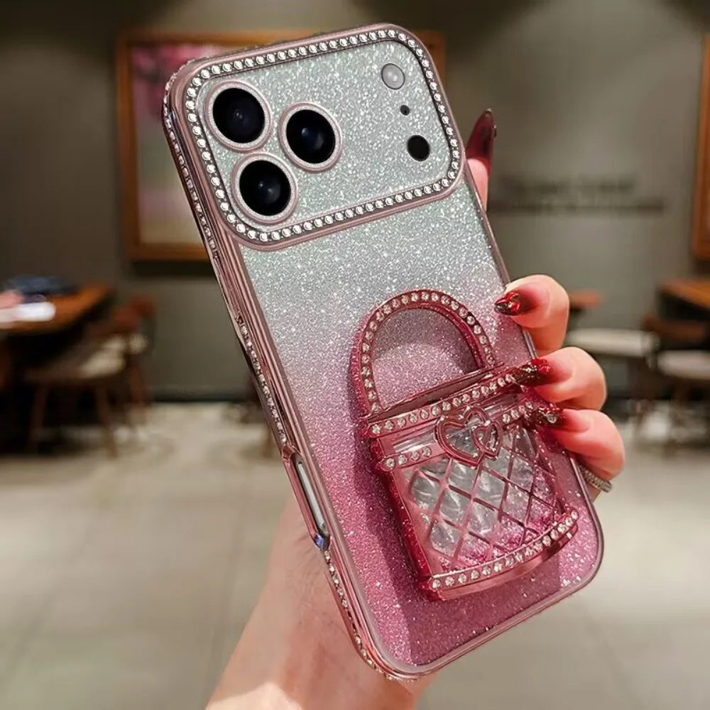 For iPhone17/15/14/13/12promax Rhinestone Phone Case Makeup Mirror Holder Quicksand Glitter Case RELUX.STORE