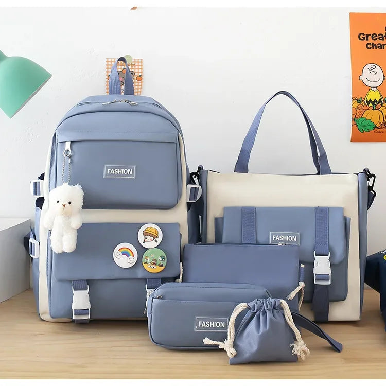 Five-Piece Set Large Capacity Fashionable Double Shoulder Backpack for Junior And High School Girls Primary School Students