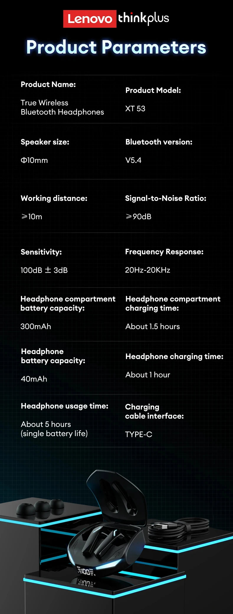 Lenovo XT53 Wireless Upgrade Bluetooth 5.4 Earphones Ultra Long Endurance Low Latency Gaming Headset LED Digital Display Earbuds RELUX.STORE