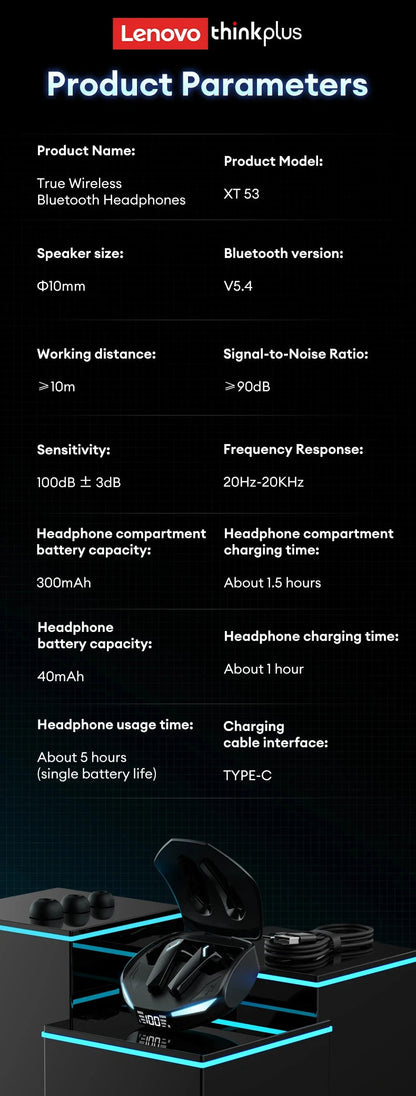 Lenovo XT53 Wireless Upgrade Bluetooth 5.4 Earphones Ultra Long Endurance Low Latency Gaming Headset LED Digital Display Earbuds RELUX.STORE