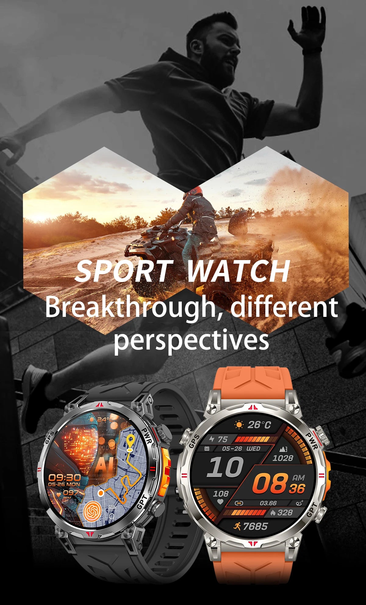 2025 New Military AMOLED HD SmartWatch 650Mah Battery GPS Compass 5ATM Waterproof Tactics 100+ Sport BT call Smart Watch For Men
