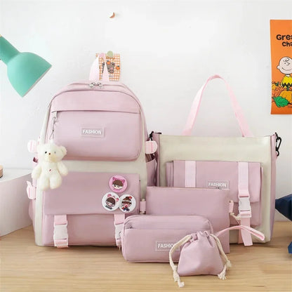 Five-Piece Set Large Capacity Fashionable Double Shoulder Backpack for Junior And High School Girls Primary School Students