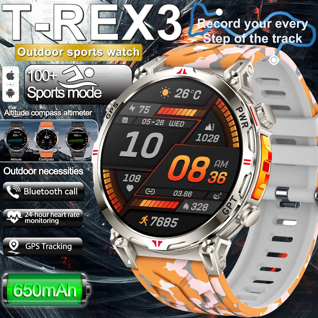 2025 New Military AMOLED HD SmartWatch 650Mah Battery GPS Compass 5ATM Waterproof Tactics 100+ Sport BT call Smart Watch For Men