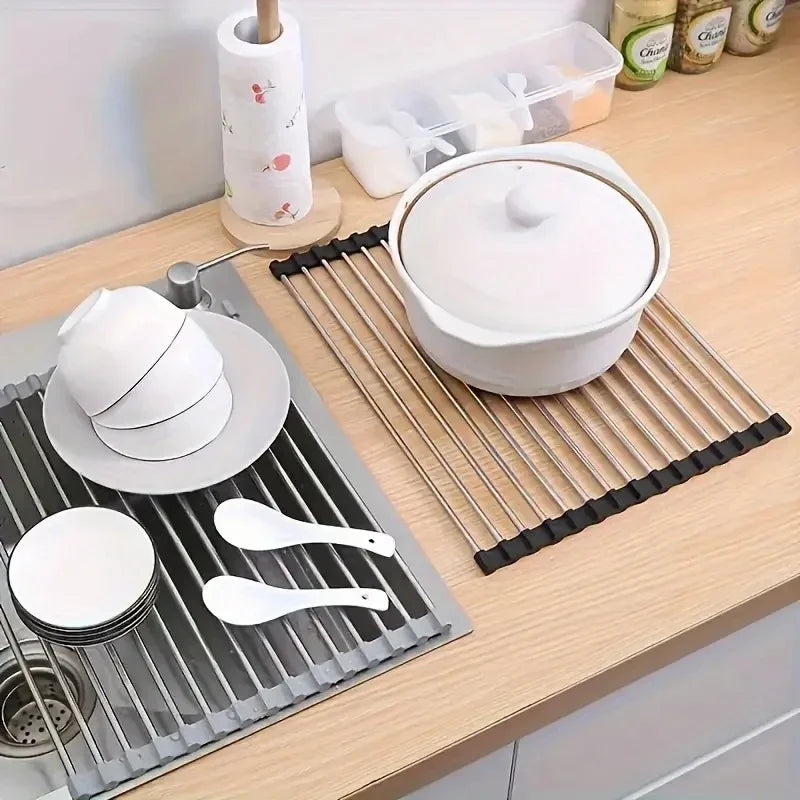 Silicone Stainless Steel Fruit & Vegetable Dish Drainer Kitchen Sink Shelf Kitchen Tools Sponge Holder Kitchen Tools  Strainer