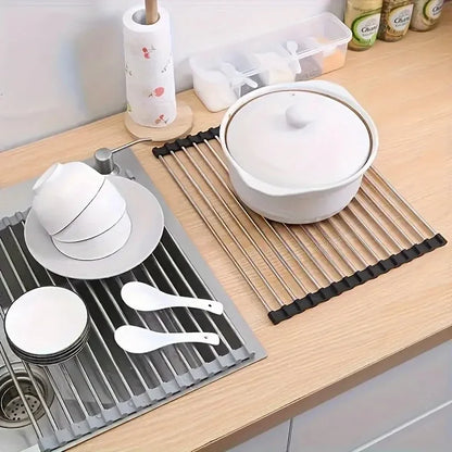 Silicone Stainless Steel Fruit & Vegetable Dish Drainer Kitchen Sink Shelf Kitchen Tools Sponge Holder Kitchen Tools  Strainer