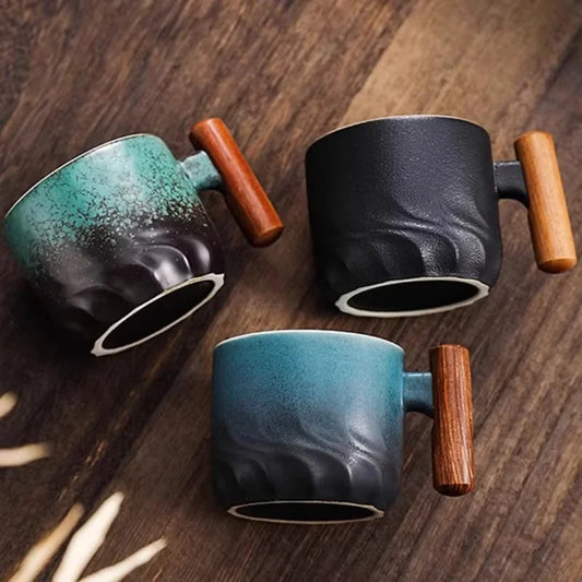 Handmade Ceramic Coffee Mug with Wooden Handle - Retro Tea Cup, Office Water Cup Filter Design, Unique Birthday Gift