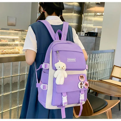 Five-Piece Set Large Capacity Fashionable Double Shoulder Backpack for Junior And High School Girls Primary School Students