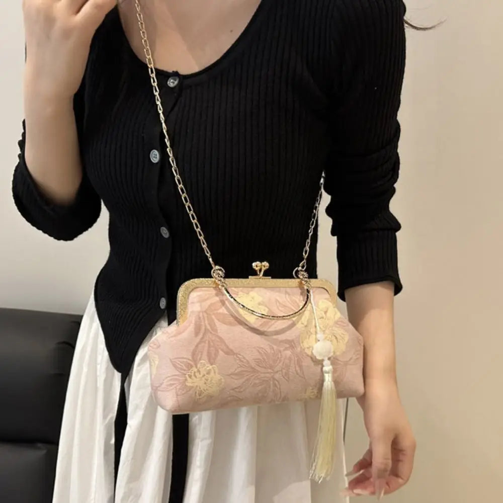 Flower Pattern Chinese Style Handbag Cheongsam Accessories Elegant Hanfu Clutch Bag Single Shoulder with Pendant RELUX.STORE