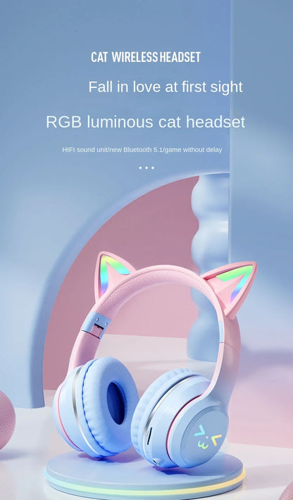 Wireless Headphones RGB Cute Cat Girls Kids Gift Headset with Microphone Stereo Music Gaming Earbud Control Lights Earphone