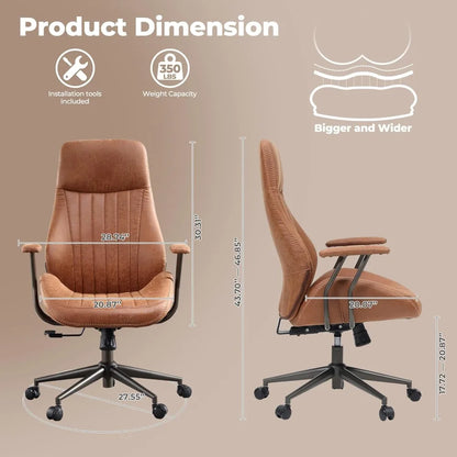 Ergonomic Mid-Century Modern Leather Office Chair with Lumbar Support High Back Swivel Rolling Executive Chair for Home Use