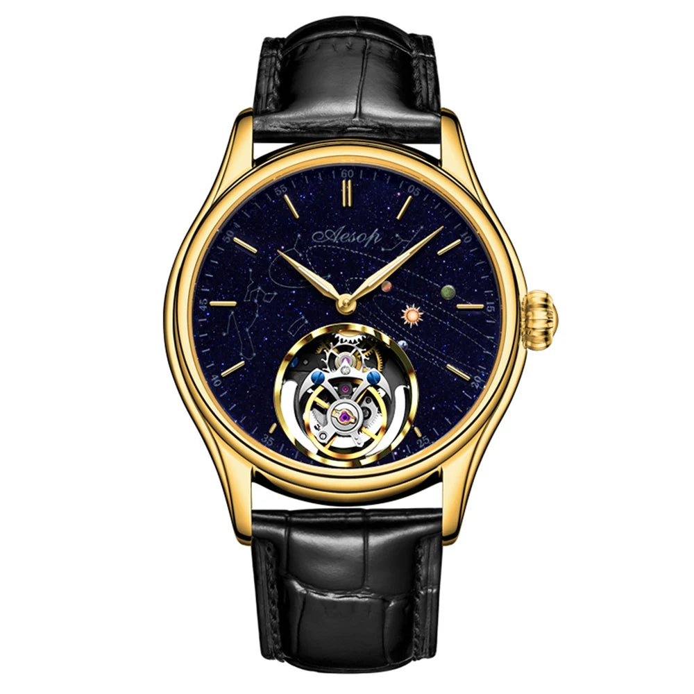 AESOP Mens Luxury Real Flying Tourbillon Mechanical Sapphire Waterproof Watch Skeleton Watches for Men Wristwatches Male 2025 A