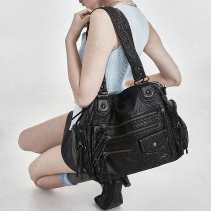Ladies' fashion Y2K spicy girl retro vintage vintage vintage tote bag, large capacity vintage multi pocket shoulder bag