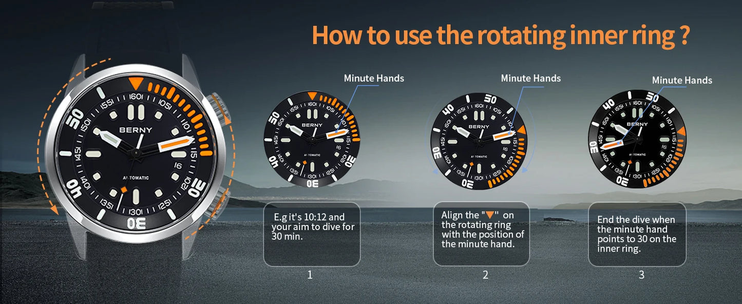 BERNY 20Bar Diver Men Mechanical Watch Miyota 8215 Super Luminous Sapphire Swiming Automatic Self Wind Silicone Men Wristwatch