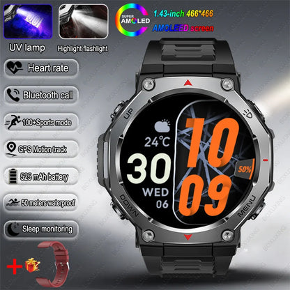 T-Rex 3 GPS Smart Watch 5ATM Waterproof 1.43 inch AMOLED HD Screen BT Call Flashlight Military Sport Smartwatches Men 2025 New
