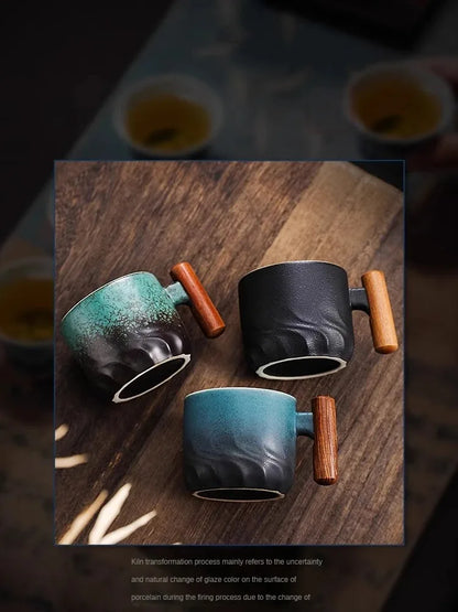 Handmade Ceramic Coffee Mug with Wooden Handle - Retro Tea Cup, Office Water Cup Filter Design, Unique Birthday Gift