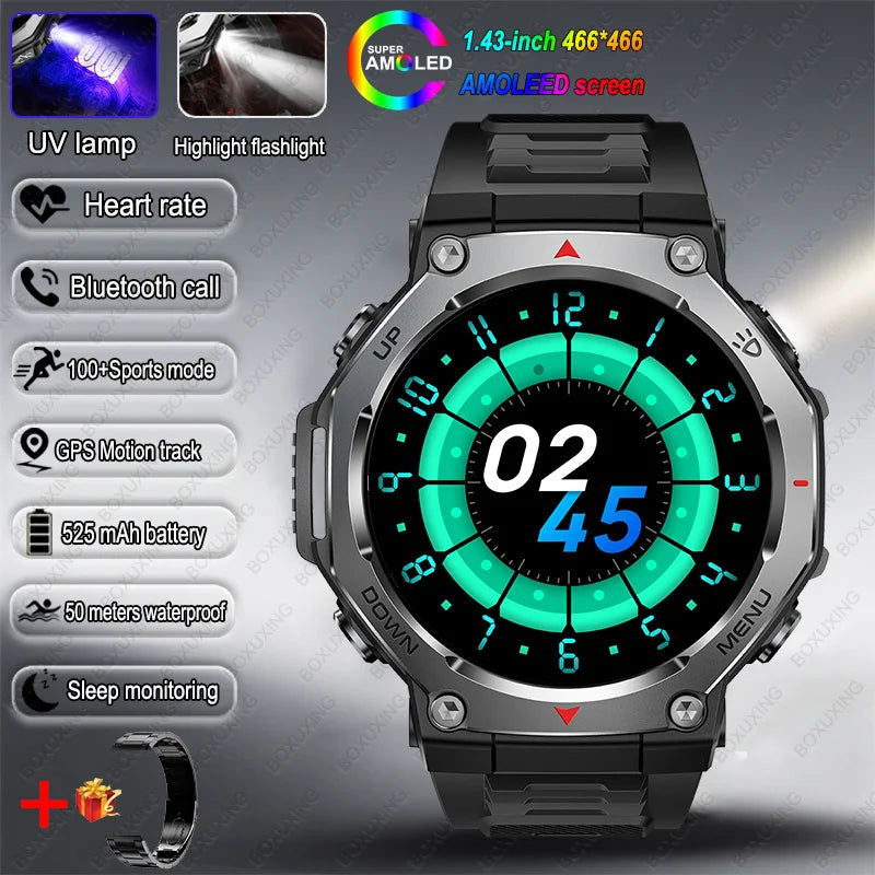 T-Rex 3 GPS Smart Watch 5ATM Waterproof 1.43 inch AMOLED HD Screen BT Call Flashlight Military Sport Smartwatches Men 2025 New