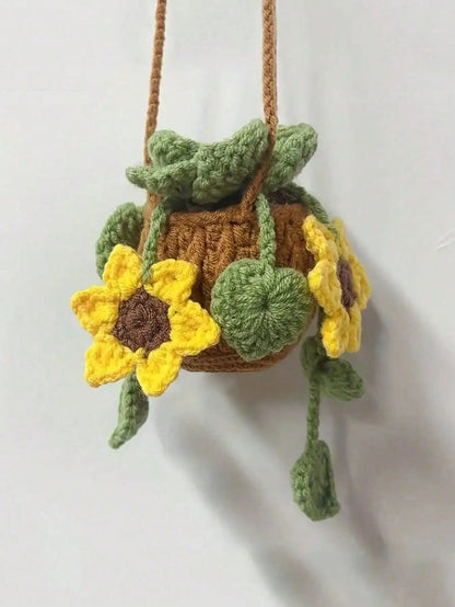 1pc Handmade Crocheted Green Radish Potted Plant Wool Ornament - Car Rearview Mirror Pendant / Car Hanging Decoration