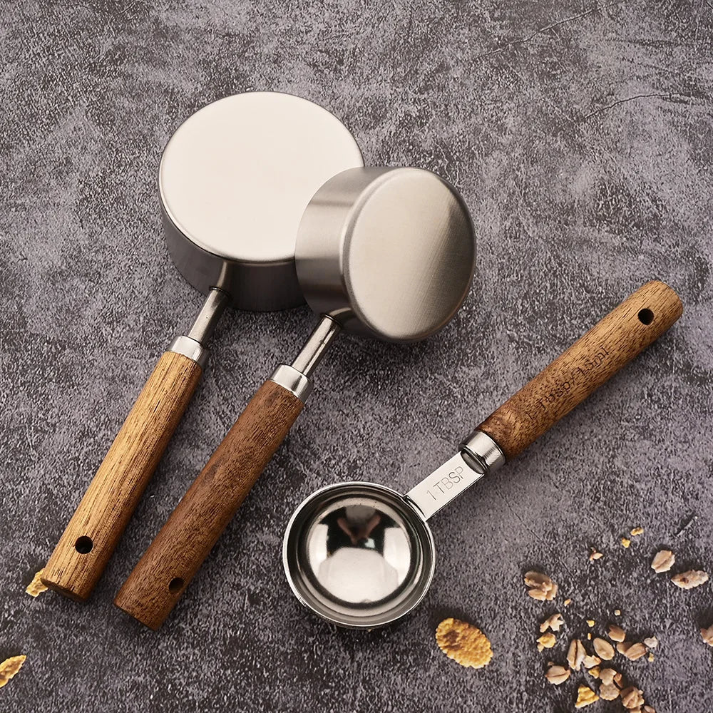 Gold Wooden Handle Stainless Steel Measuring Cups Spoons Baking Tools Coffee Measuring Spoon Set Bartending Scale Accessories