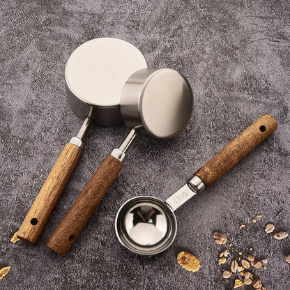 Gold Wooden Handle Stainless Steel Measuring Cups Spoons Baking Tools Coffee Measuring Spoon Set Bartending Scale Accessories
