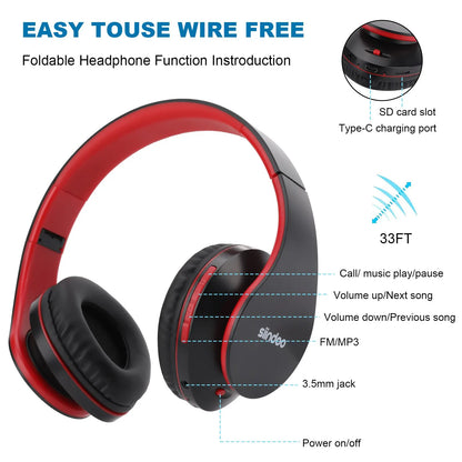 Siindoo JH-812 Wireless Headphone Foldable Stereo BT5.1 Earphones Music Headset FM and Support SD Card with Mic for Mobile PC TV