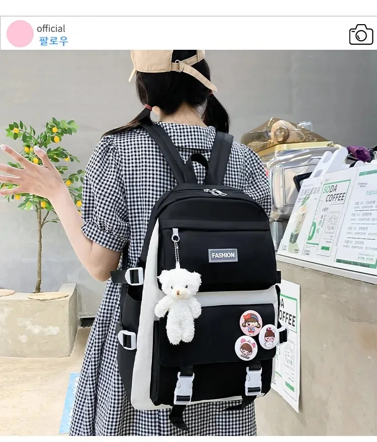 Five-Piece Set Large Capacity Fashionable Double Shoulder Backpack for Junior And High School Girls Primary School Students