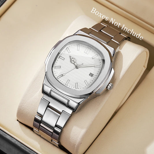 Men Fashion Wristwatches Business Square Dial Stainless Steel Strap Quartz Watch with Calendar For Mens Clock（Without Box）