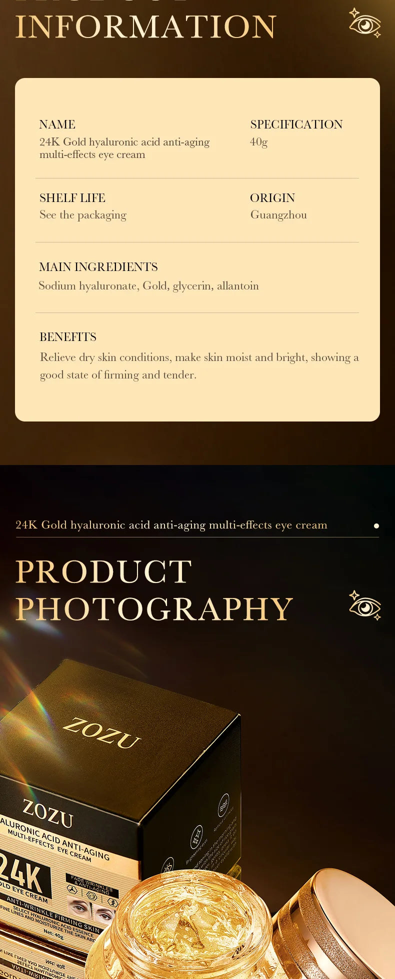 24k Gold Hyaluronic Acid Eye Cream Anti Dark Circles Eye Bags Firming Moisturizing Eyes Skin Care Prodcuts RELUX.STORE