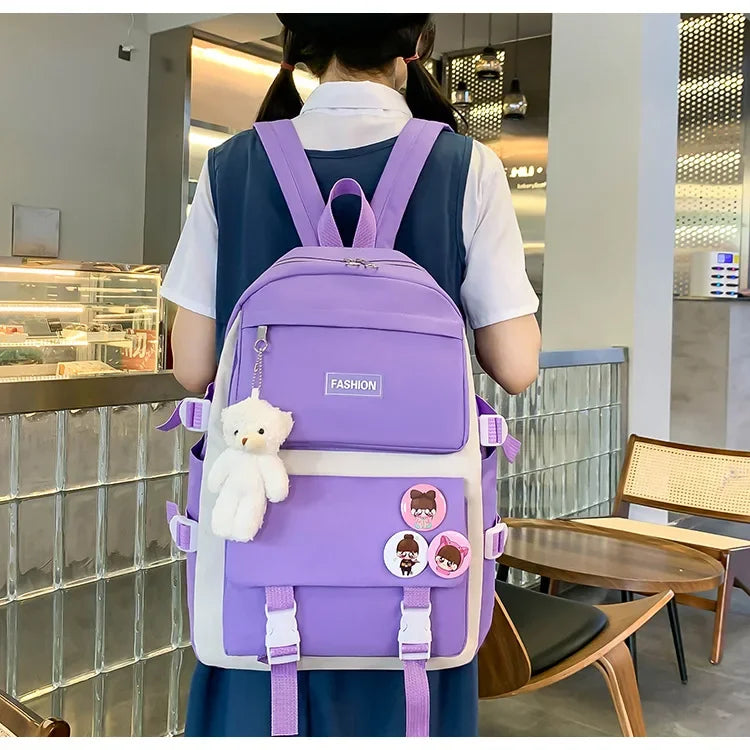 Five-Piece Set Large Capacity Fashionable Double Shoulder Backpack for Junior And High School Girls Primary School Students